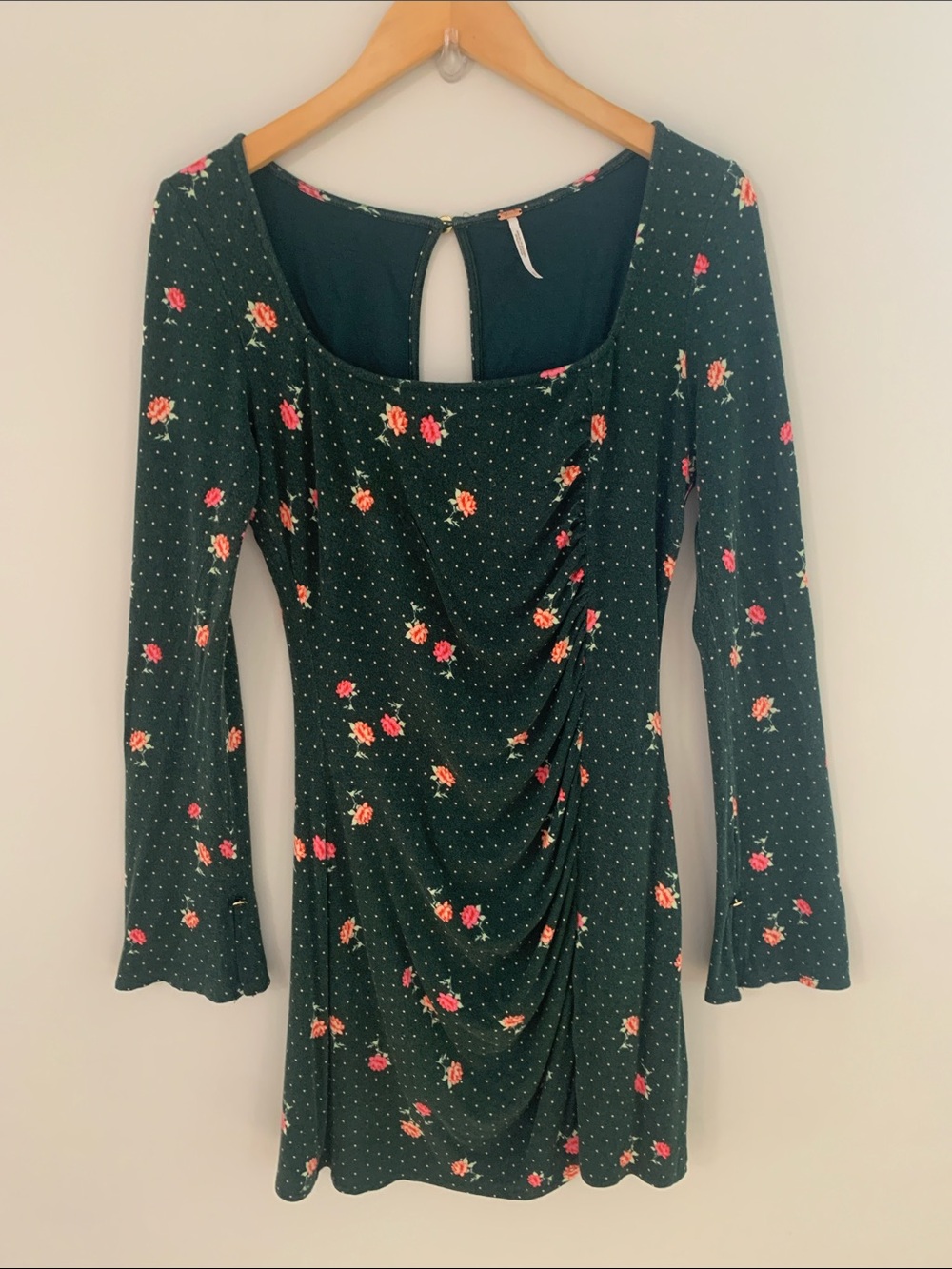 Free People Celia Floral Ruched Long Sleeve Mini Dress Emerald Green Small